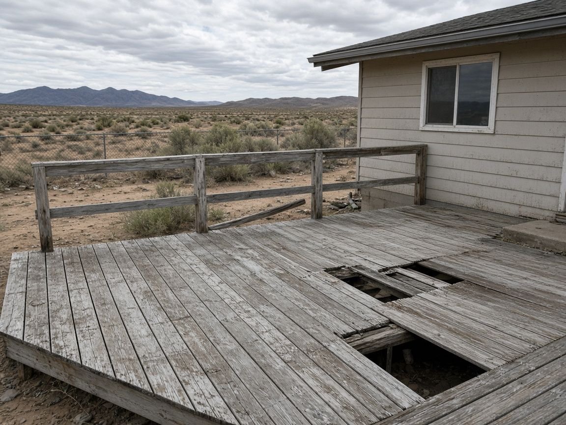 Deck before repair: grey, cracked boards