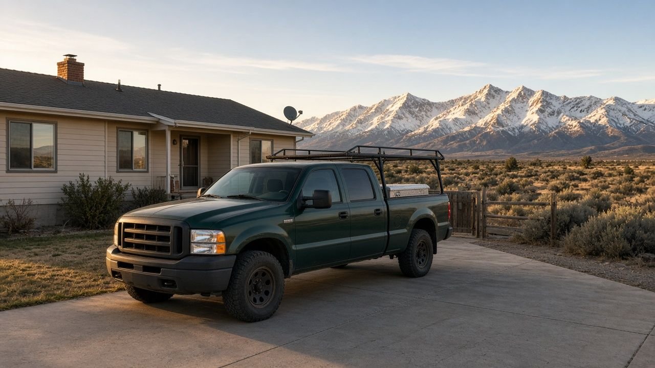 Handyman pickup truck with a ladder rack parked at a ranch house with snowy mountains behind