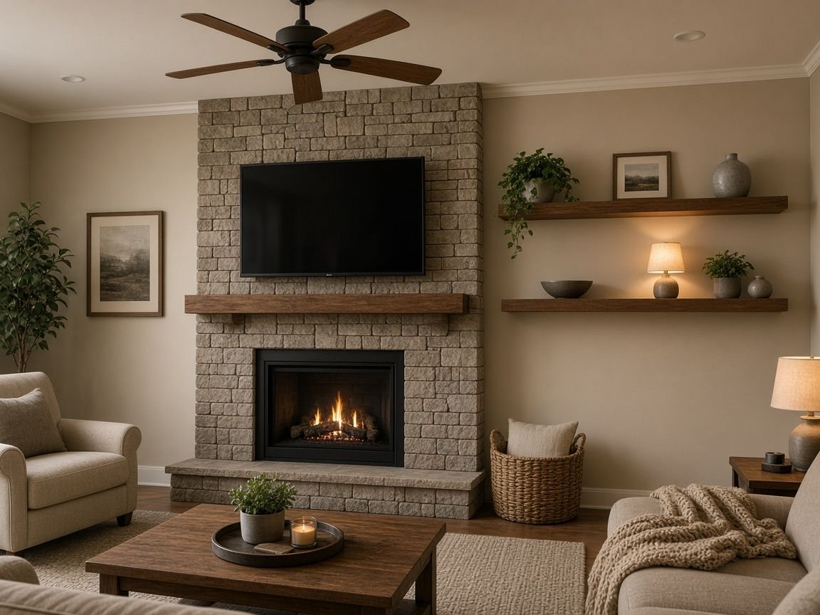 Living room with a mounted TV, floating shelves and a new ceiling fan